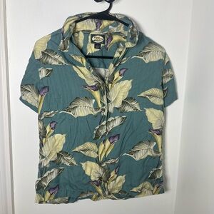 Tommy Bahama 100% Silk Tropical Hawaiian Shirt Teal Leaf Print Size S